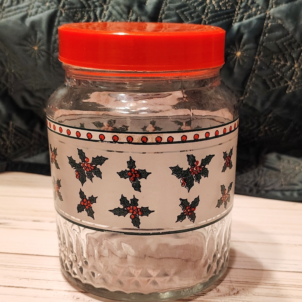 Vintage Christmas Glass Canister/Jar with Holly Berries/Red Lid. KIG Indonesia